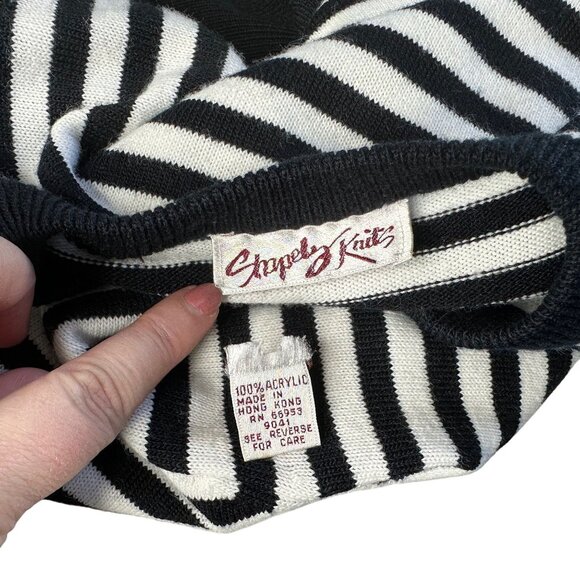 Vintage Stripe Sweater Large Dolman Sleeve Oversized Black White Red Crew 80s - Picture 6 of 9